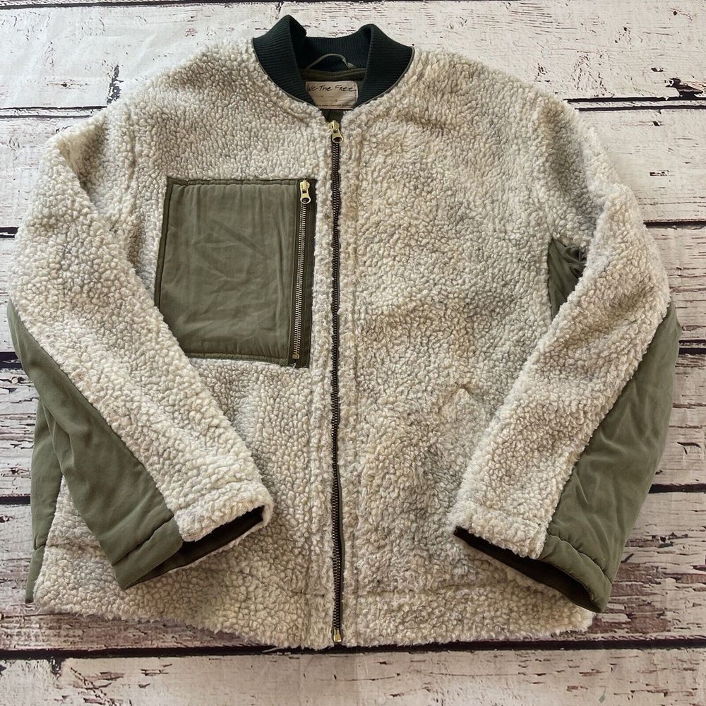 Free People Cream and Green Sherpa Jacket